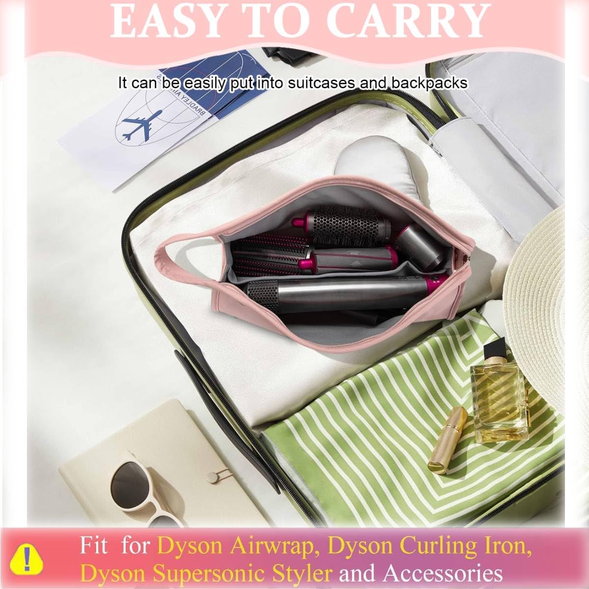MAYCREATE PU Leather Travel Case for Airwrap Styler featuring 2 Compartments and 39.5×22 cm Size | Waterproof Pink Storage Bag