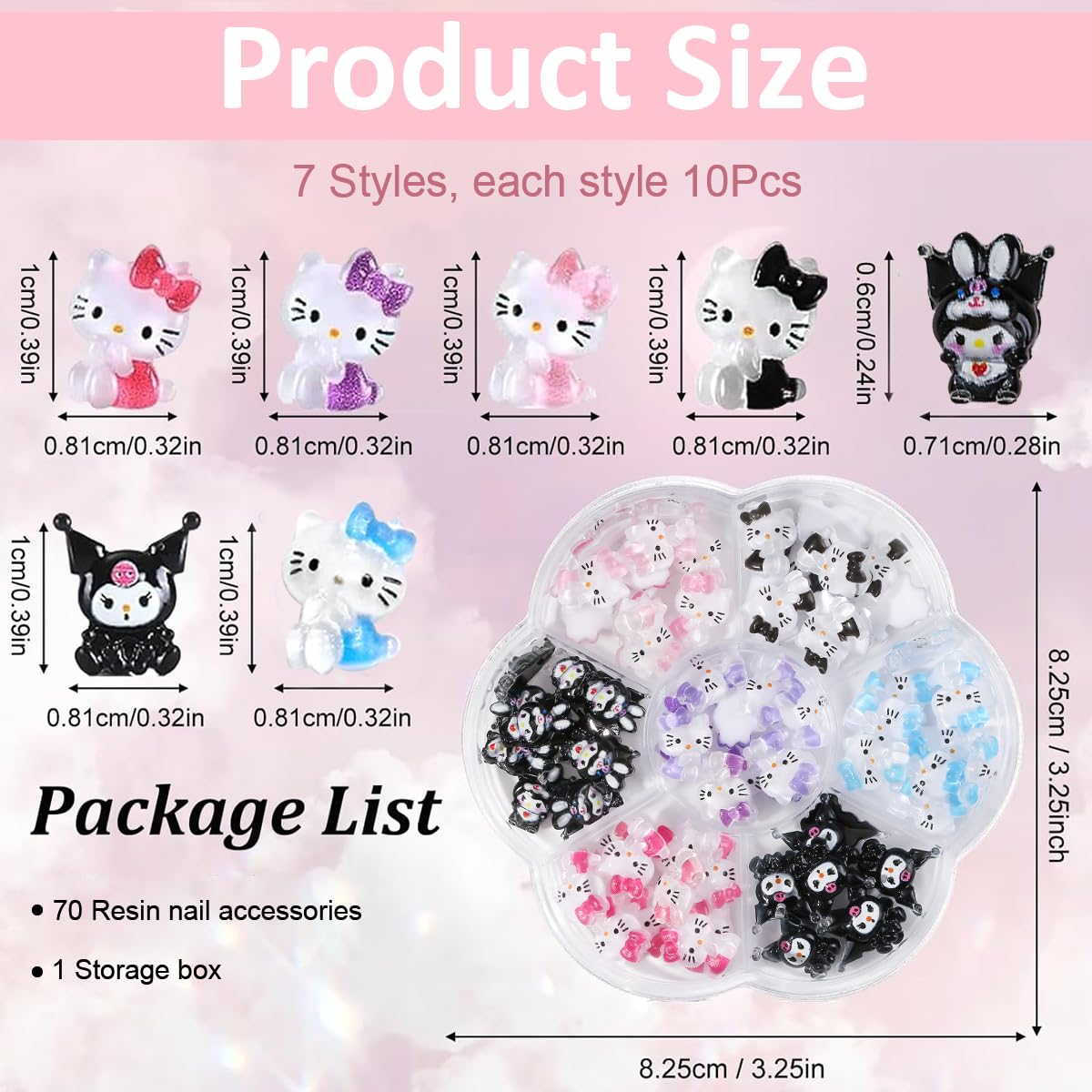 MAYCREATE® 70Pcs 3D Nail Decals Flatback Nail Decal Charms Sanrio Nail Decal Charms 7 Designs Kuromi and Kitty Themed Resin Cartoon Nail Decals Charms for DIY Nail Art, DIY Handcrafts, Decorations