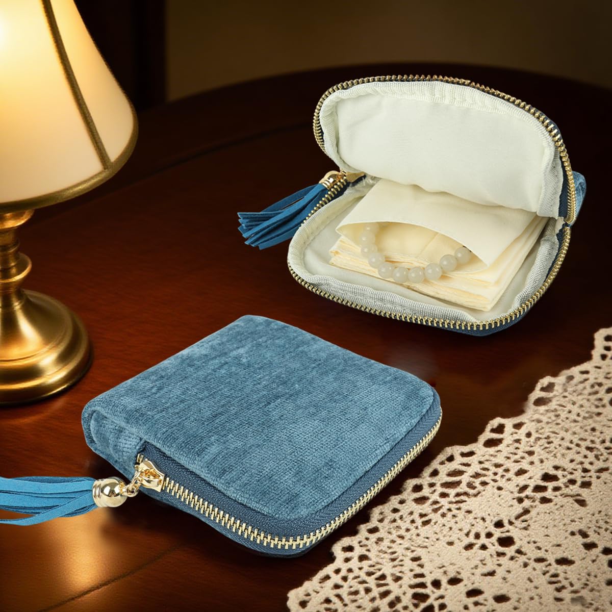 MAYCREATE Jewelry Storage Pouch for Rings Earrings and Necklaces 13x11.5cm with Tassel Zipper | Soft Blue Organizer for Travel