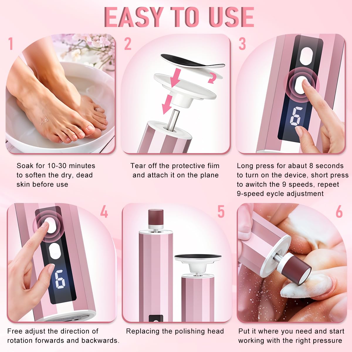 MAYCREATE Electric Foot Callus Remover for Pedicure with 9 Speed Control & 30PCS Sandpaper | Rechargeable Cordless Dual Head Nail File