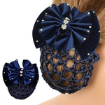 MAYCREATE Hair Bun Cover for Work and Dance featuring Alloy Spring Clip | Blue Knit Mesh Bow Hairnet