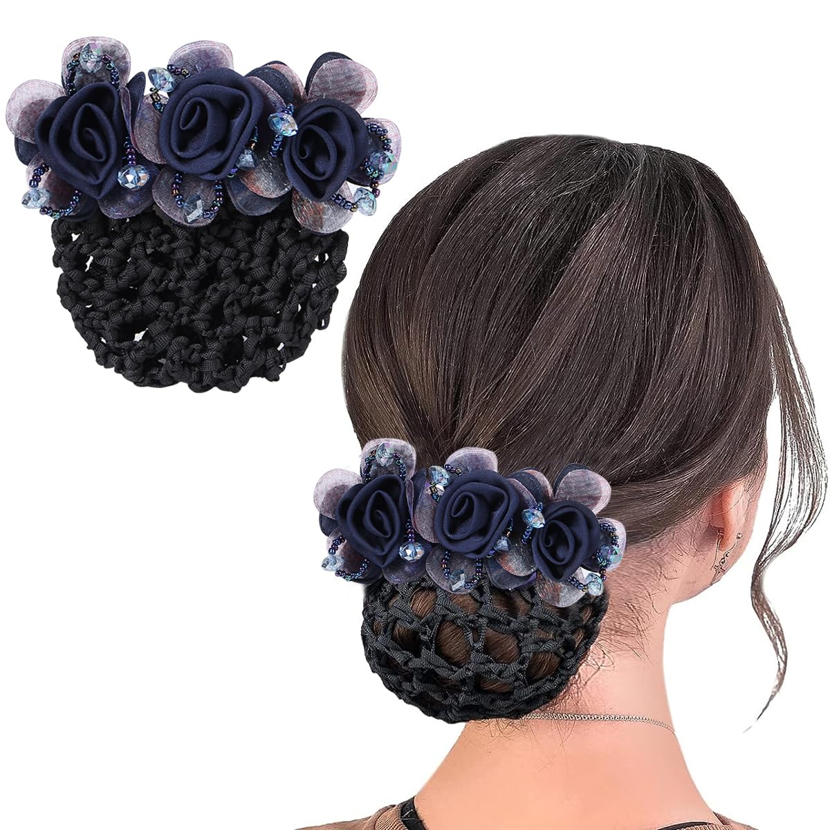 MAYCREATE Floral Hair Snood Net for Women with Alloy Spring Clip and Fabric Flowers | Ideal for Dancers Nurses and Daily Wear