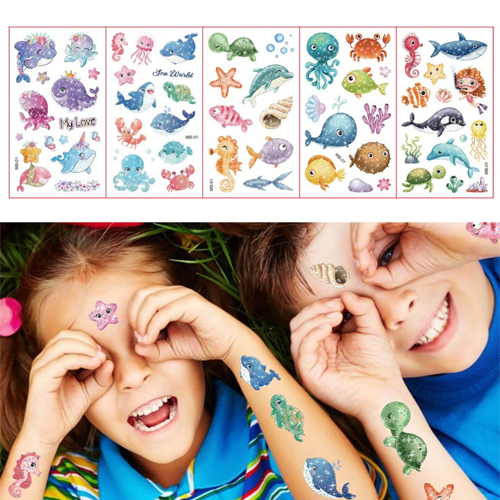 MAYCREATE® Tattoo Sticker for Kids, 10 Sheet Glittering Temporary Tattoo, Cartoon Ocean Animals Fake Tattoos for Girls Boys Birthday Parties, Group Activities