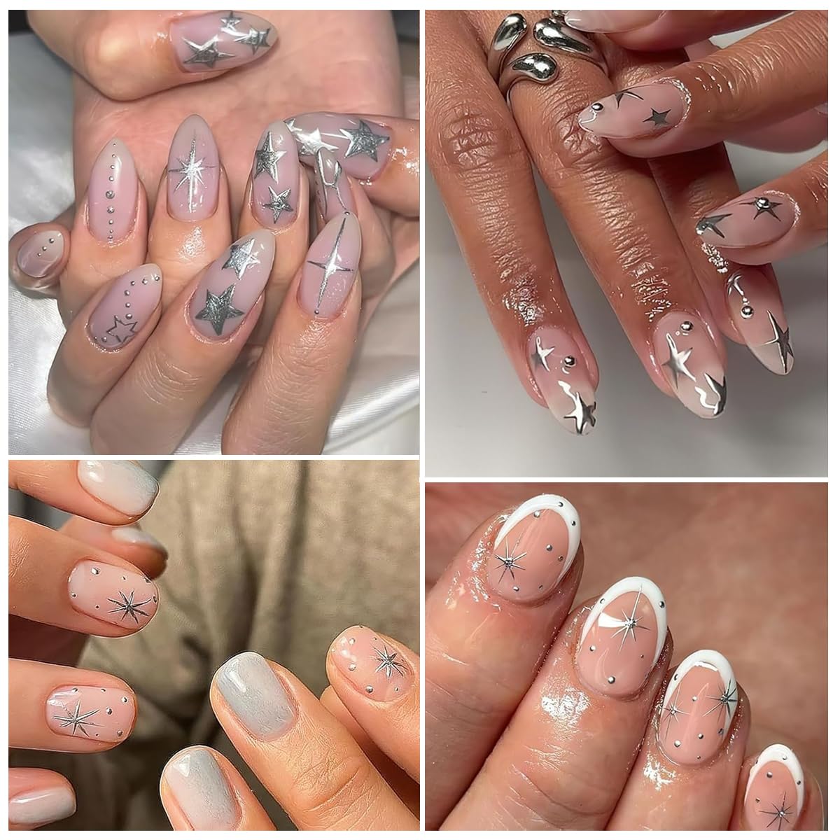 MAYCREATE Nail Decal Stickers for DIY Manicure with 6 Sheets Silver Star Heart Designs | Self Adhesive