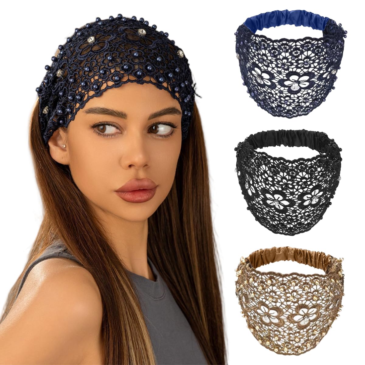 MAYCREATE® Wide Lace Headband for Women Hair Bands Elegant Hollow-Out Floral Pattern Head Band with Elastic Bands, Pack of 3 Stylish Decorative Hair Accessories