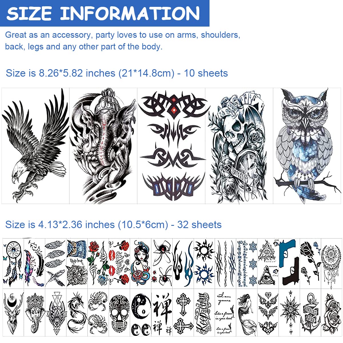 MAYCREATE® 42 Sheets Tatto Sticker for Men Eagle Temporary Tattoos Stickers Skull Variety Tatto Stickers Assorted Tatto Sticker for Body Art Tattoos Art Waterproof Temporary Tattoos Stickers For Women