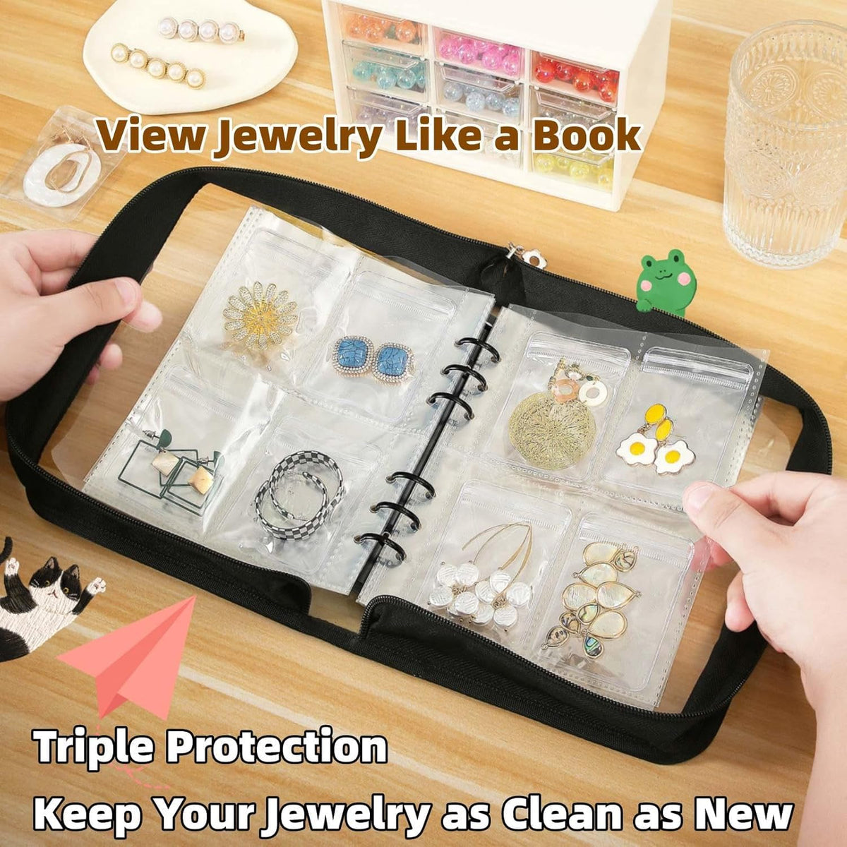 MAYCREATE Transparent Jewelry Storage Book with 60 Pockets for Rings Necklaces and Bracelets | Black 3PCS