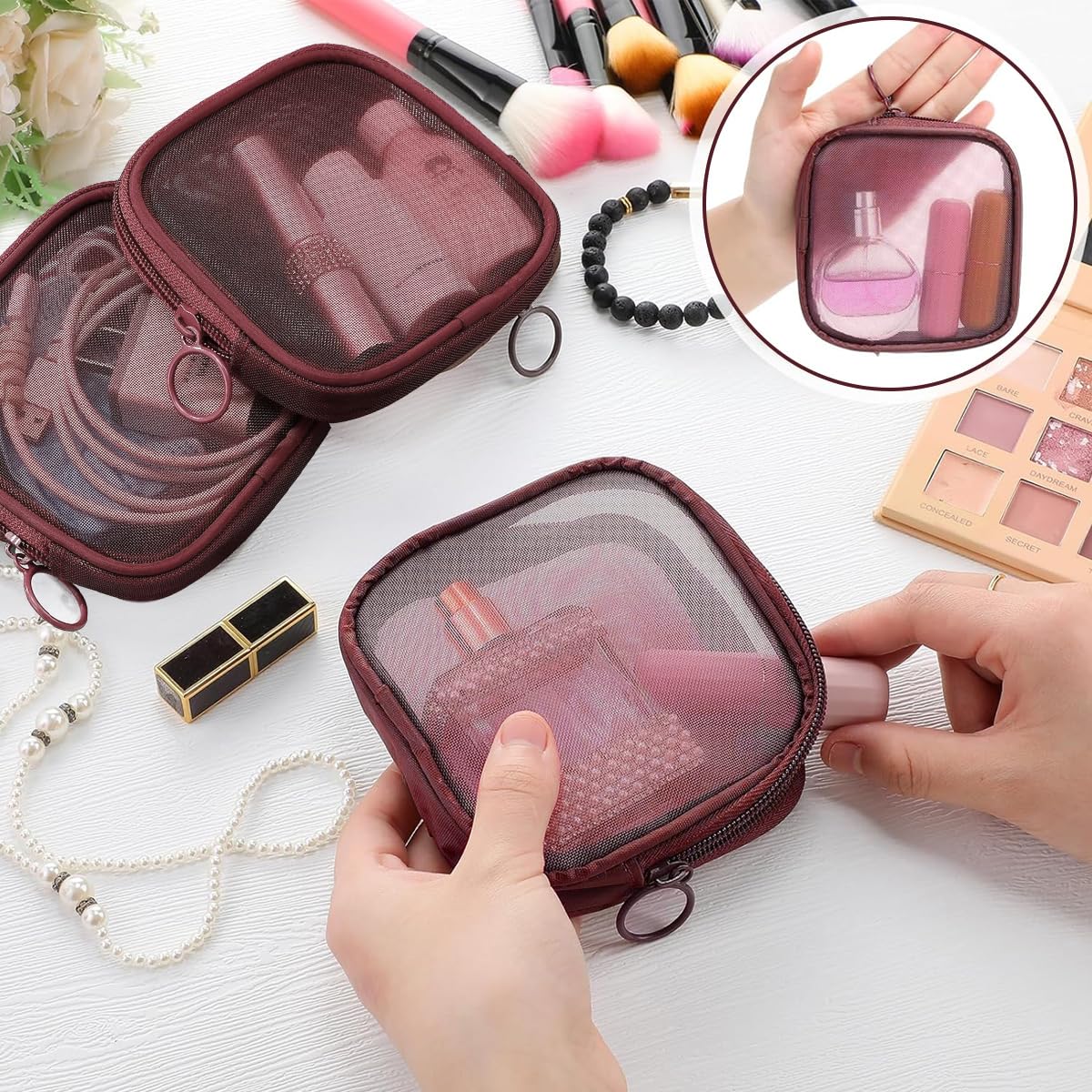 MAYCREATE Mesh Makeup Pouch for Travel with Secure Zipper 4pcs 4.7 in Nylon Bags | Wine Red