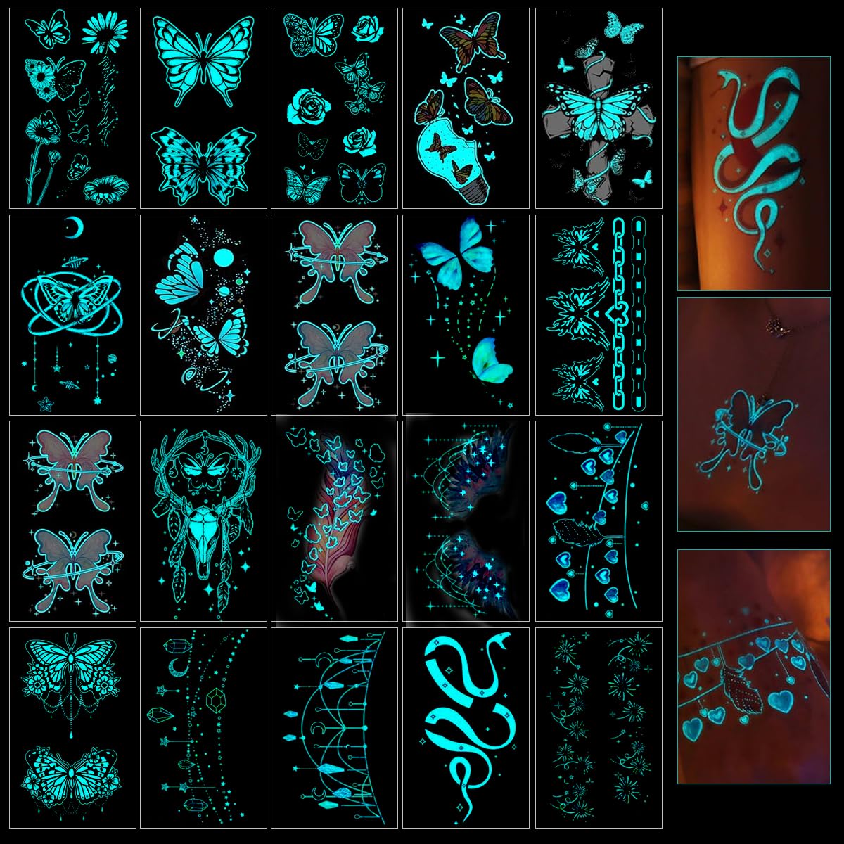 MAYCREATE Temporary Tattoos for Parties with Glow in the Dark Design | 20 Sheets Waterproof Stickers