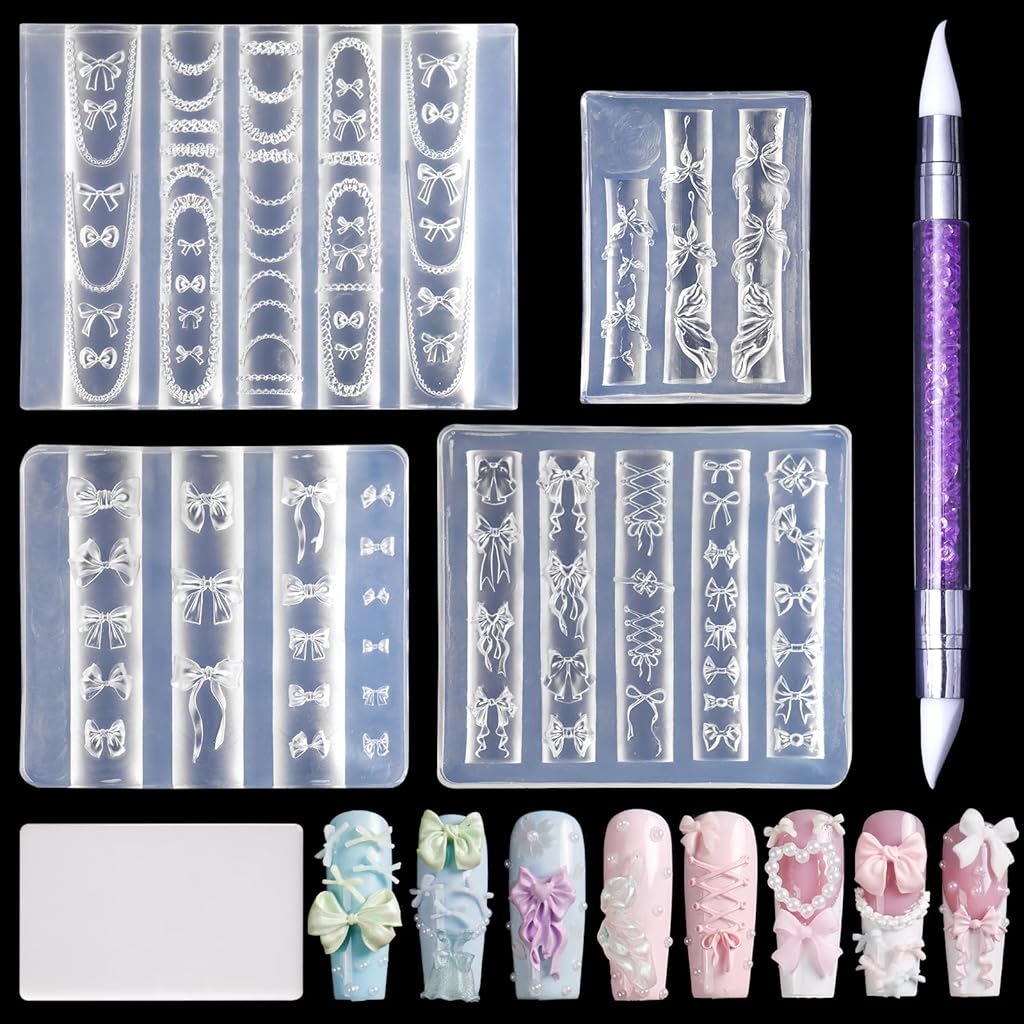 MAYCREATE® 3D Nail Art Silicone Mold Set with Carving Pen, Bowknot DIY Nail Extension Mold Kit, Sweet Kawaii Nail Design Tool for Acrylic Gel Resin, Embossed Nail Decoration Mold for Salon & Home Use