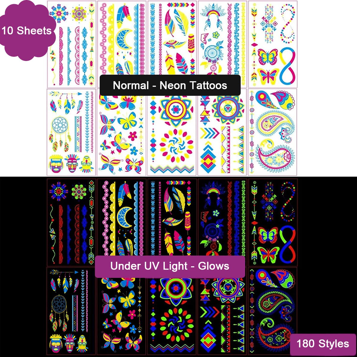 MAYCREATE Temporary Tattoo Stickers for Rave Festival with 10 Sheets 80+ UV Glow Designs | Waterproof Body Art