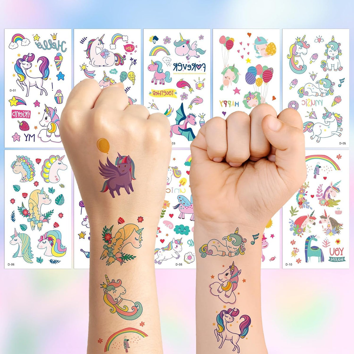 MAYCREATE Temporary Tattoo Stickers for Kids Girls 10 Sheets Waterproof Unicorn Designs | Safe for Parties and Festivals