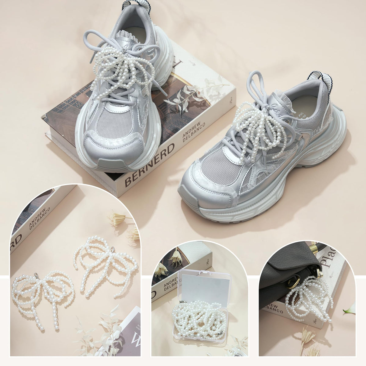 MAYCREATE Pearls Bowknot Shoe Charms for Sneakers and Dress Shoes featuring Lobster Buckle