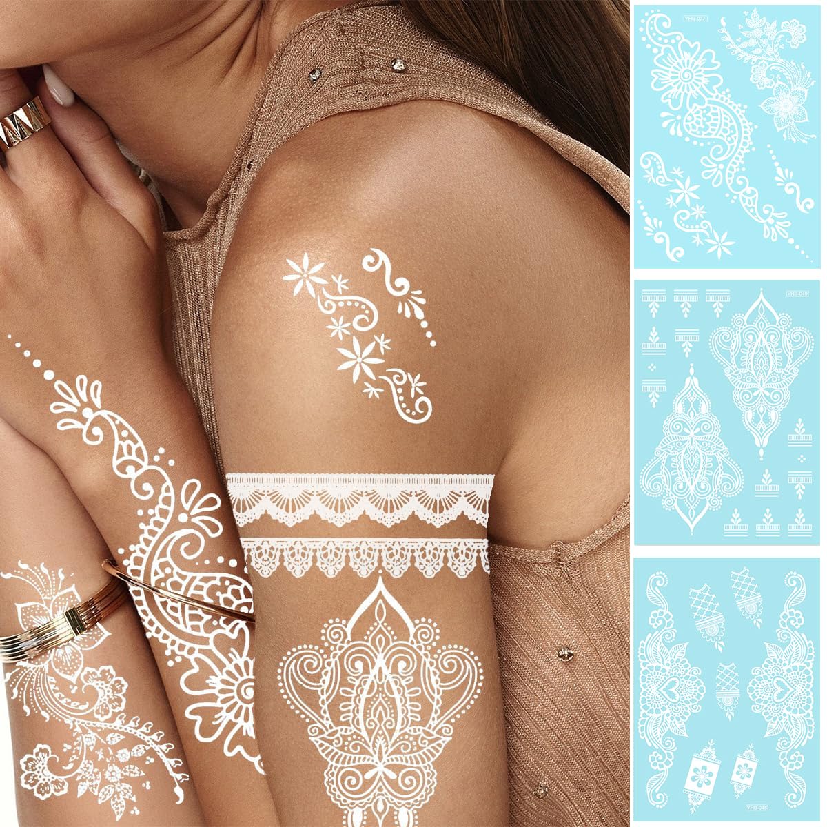 MAYCREATE White Hand Tattoo Stickers for Weddings and Festivals featuring 10 Sheets | Waterproof Temporary Henna for Women and Girls
