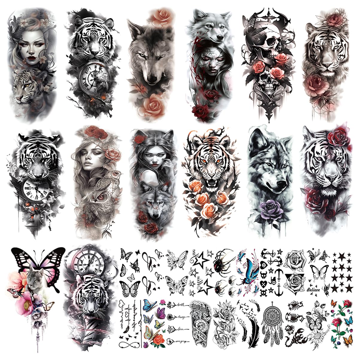 MAYCREATE® Temporary Tattoo for Men Women 34 Sheets Large Arm Band Tattoo Sticker, 3D Realistic Armband Tattoo, Body Half Sleeve Hand Tattoo for Women, Assorted Lion Wolf Tiger Skull Fake Tattoos