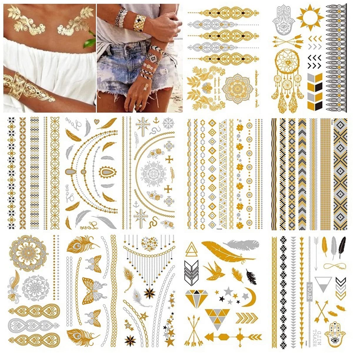 MAYCREATE Temporary Tattoo Stickers for Body Art featuring 9 Sheets 100pcs Waterproof Designs