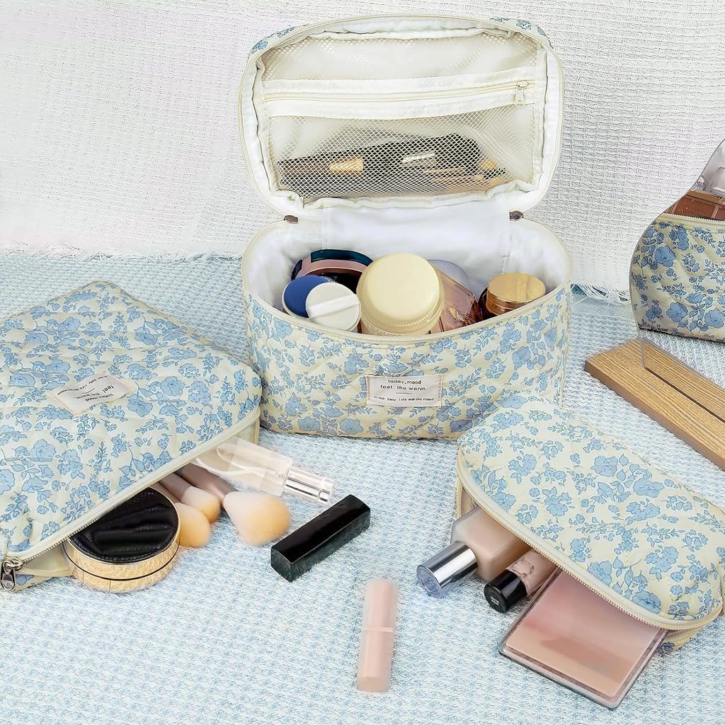 MAYCREATE Makeup Pouch Bag Set for Travel with 3pcs Quilted Cotton Blue Floral Organizer