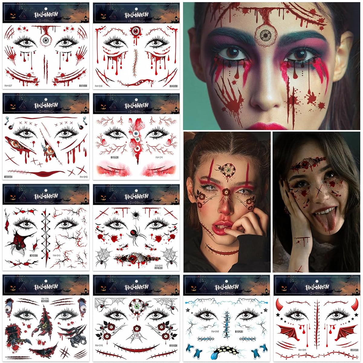 MAYCREATE Halloween Temporary Face Tattoos for Adults with 10 Sheets | Easy Water Application