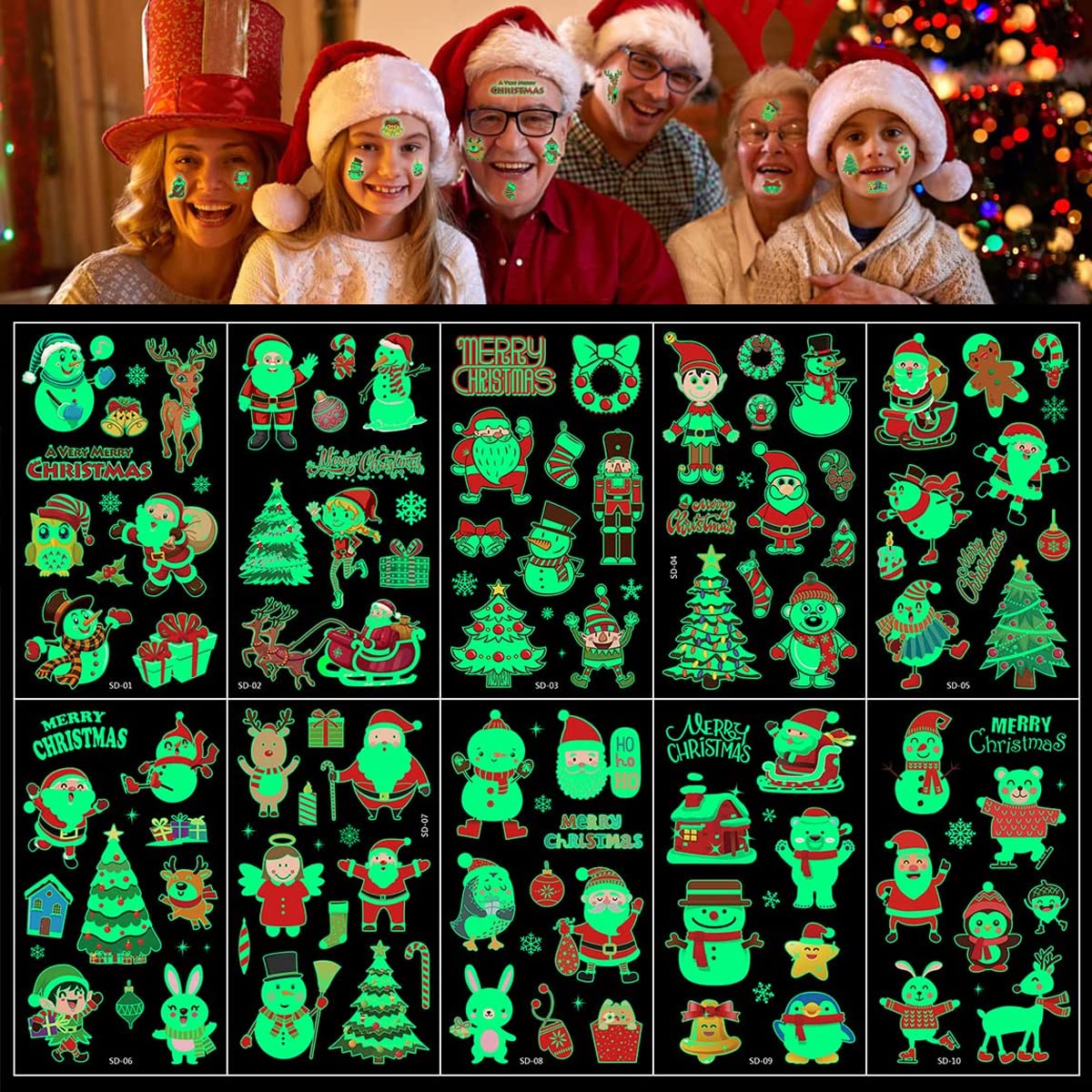 MAYCREATE Temporary Tattoo Stickers for Kids with Waterproof Glow Effect 10 Sheets | Christmas Party and DIY Crafts