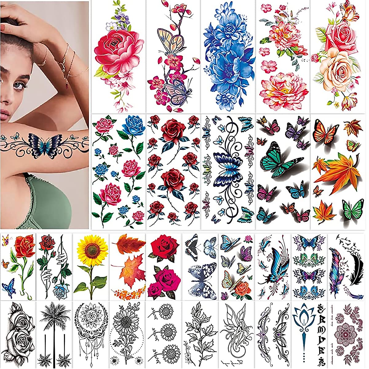 MAYCREATE Temporary Tattoos for Men and Women with 30 Sheets Waterproof Designs | Flowers Roses Butterflies Body Art Stickers