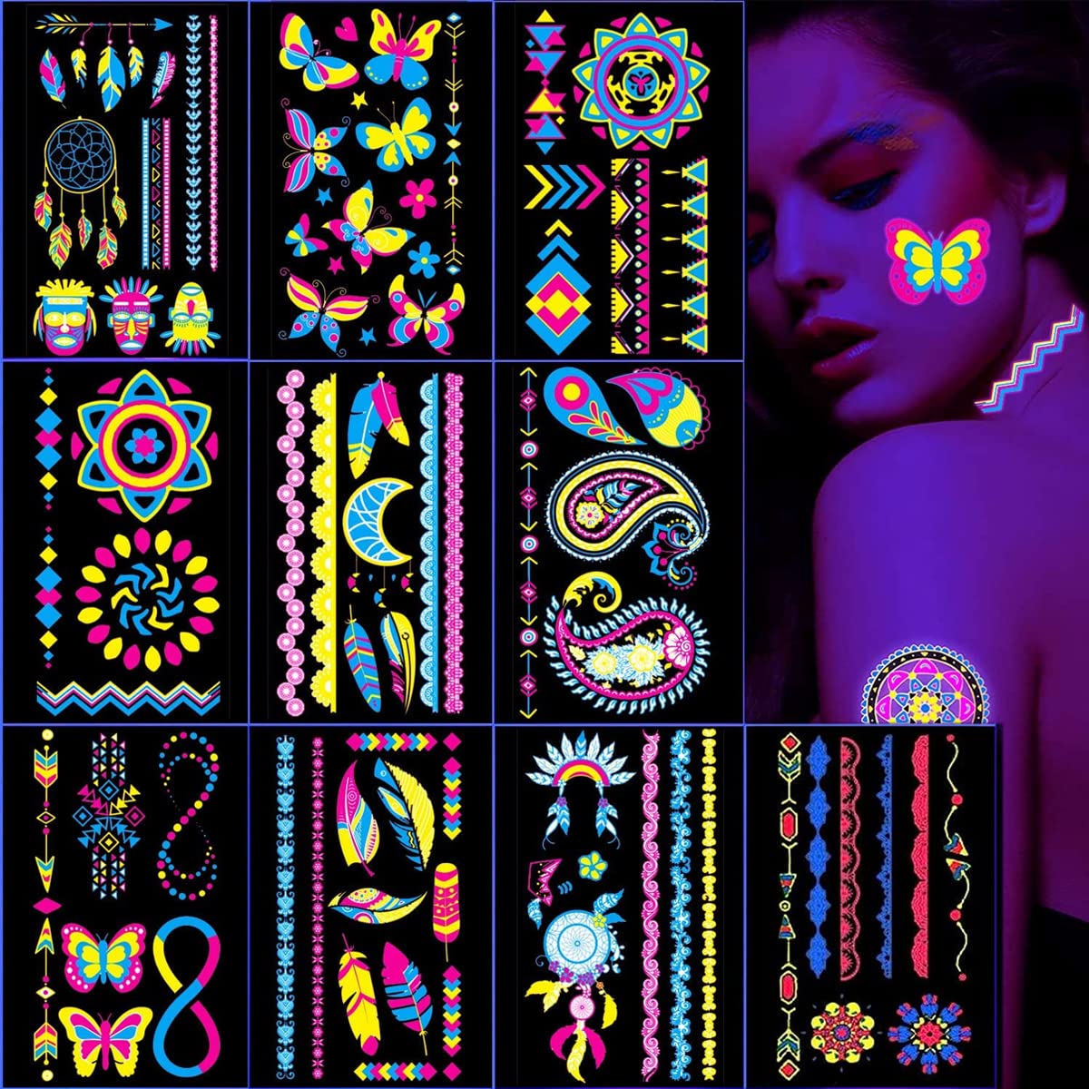 MAYCREATE Temporary Tattoo Stickers for Rave Festival with 10 Sheets 80+ UV Glow Designs | Waterproof Body Art