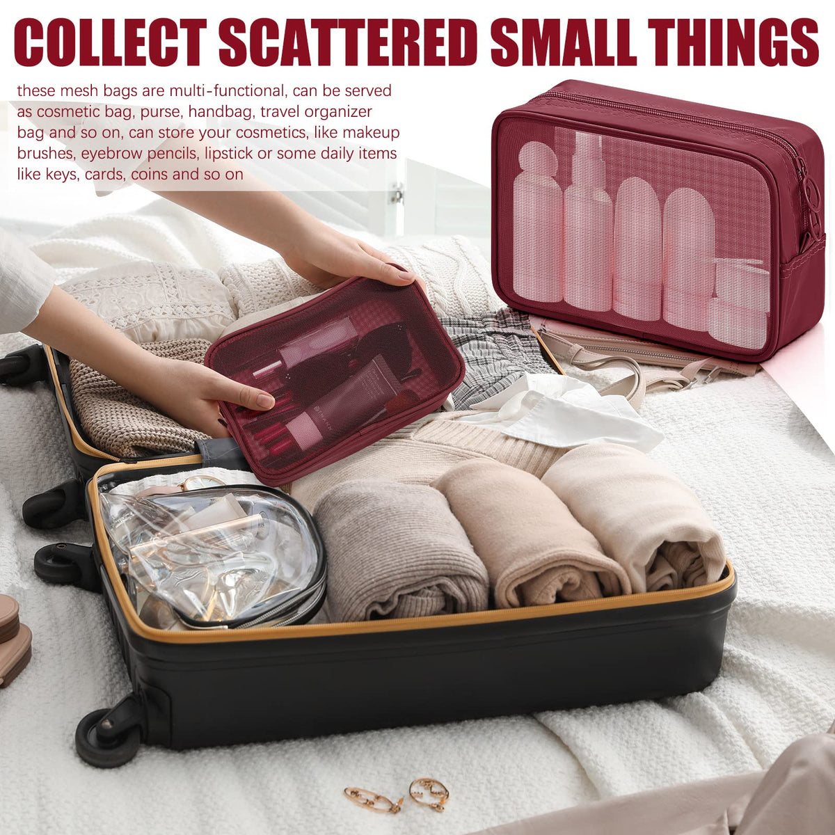MAYCREATE Zipper Pouches Combo for Travel and Work featuring 8PCS in 4 Sizes Mesh Bags | Burgundy Red Nylon Cosmetic Organizer