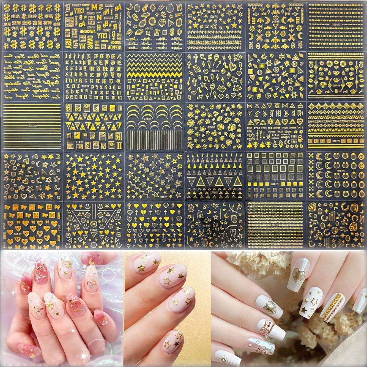 MAYCREATE Nail Stickers for French Manicure with 30 Sheet 3D Self Adhesive Gold Line Designs | Acrylic Nail Art Decals for Women