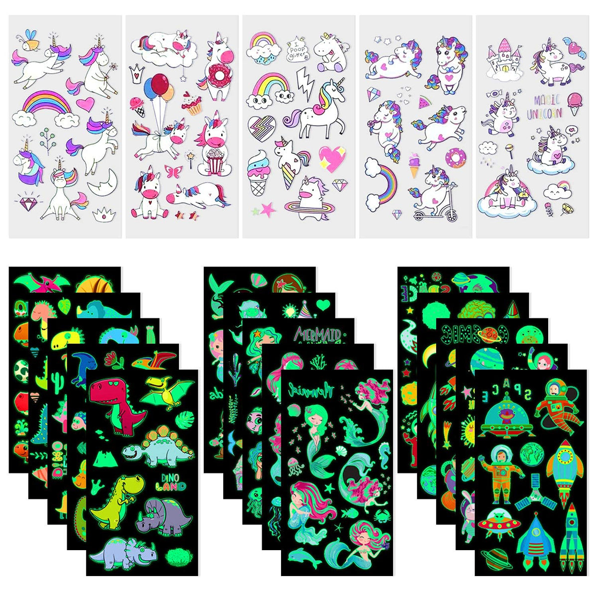 MAYCREATE Waterproof Cartoon Temporary Tattoo Stickers 20 Sheets with Glow Effect for Kids | Unicorn Mermaid Dinosaur Party Gift