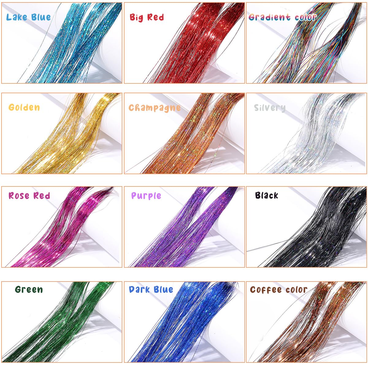 MAYCREATE Glitter Hair Tinsel Kit for Party Styling with 47 in Strands and 12 Colors | Includes Tools and Accessories for Women and Girls