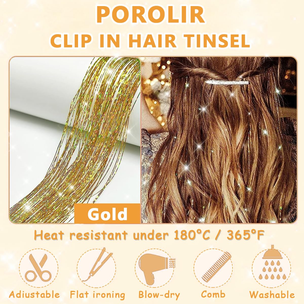 MAYCREATE® 6pcs Hair Tinsel Extensions, Brown Glitter Tinsel Strands, 20.5 inch Clip-on Shiny Tinsel Hair Extension, Heat Resistant Fairy Hair Glitter Kit for Women Girls Halloween Cosplay Party