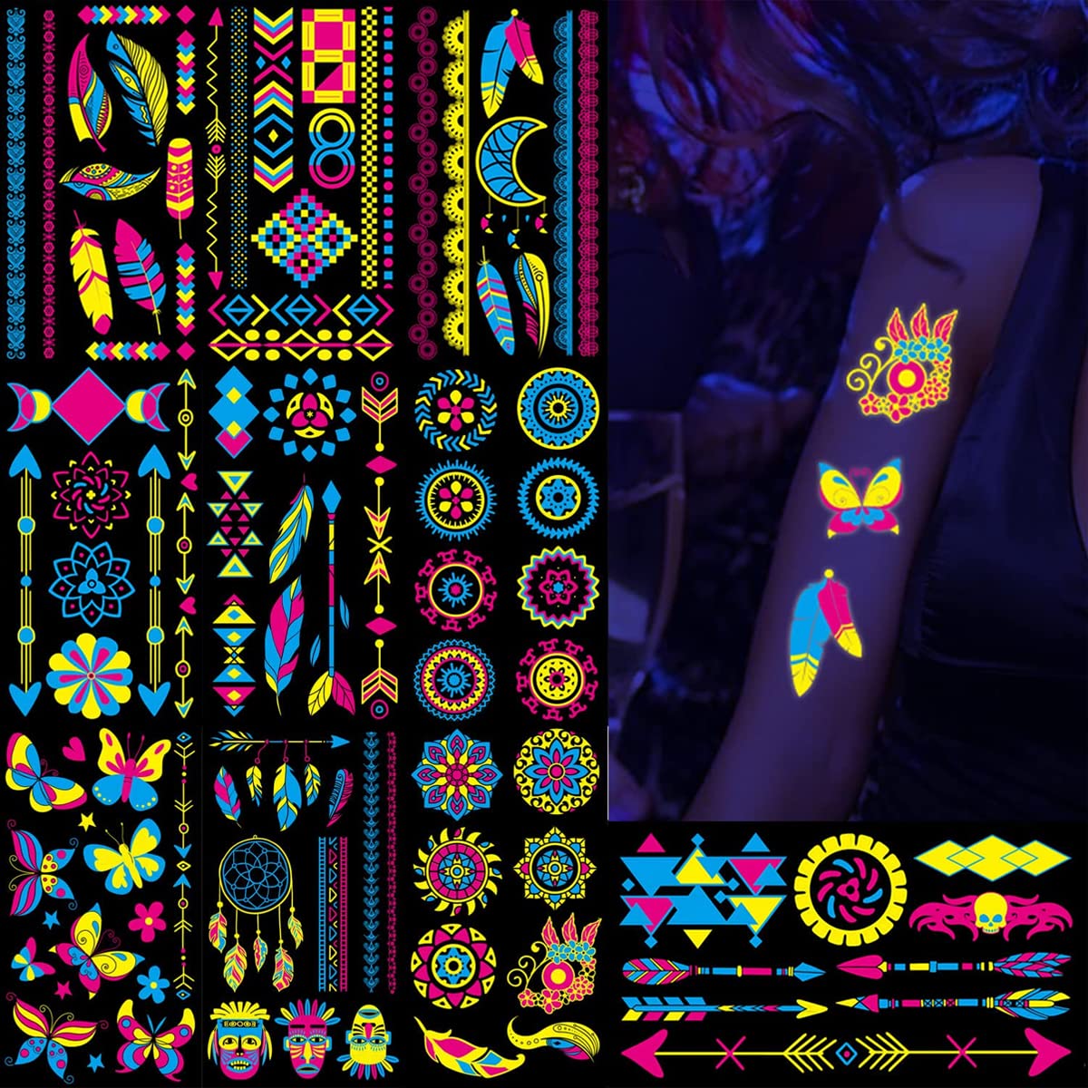 MAYCREATE Temporary Tattoos Stickers for Party and Rave featuring 10 Sheets 17×9.6cm Glow in the Dark Designs | Waterproof UV Neon Body Art for Men and Women