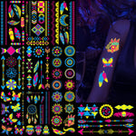 MAYCREATE UV Neon Face Tattoo Stickers for Halloween Rave Parties featuring 8 Sheets | Glow in the Dark Designs for Adults and Kids