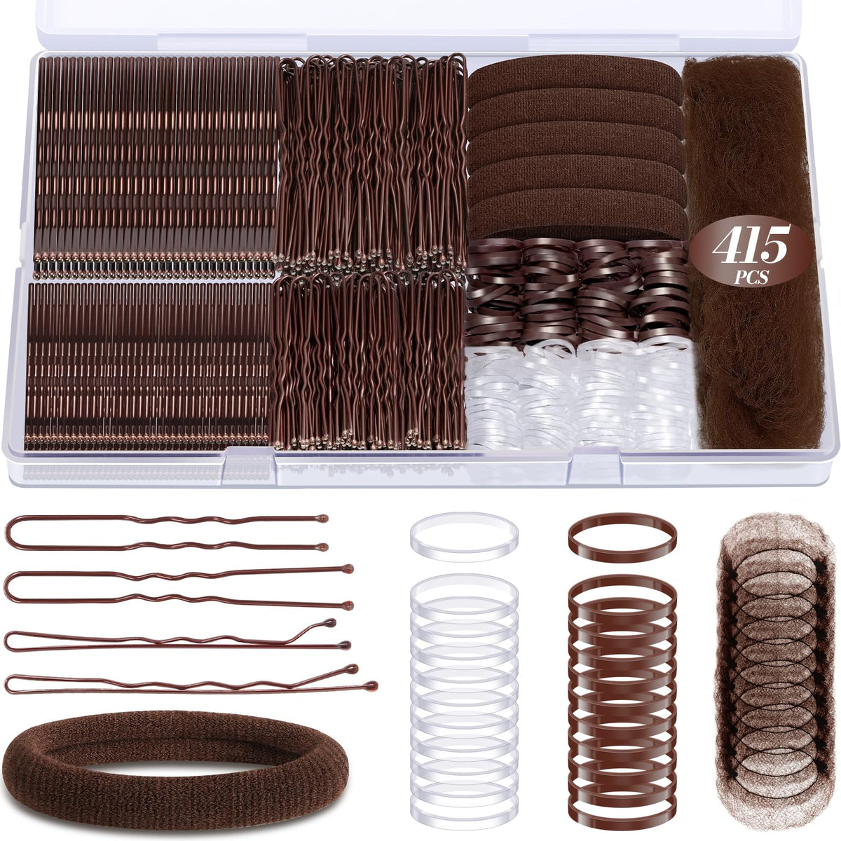 MAYCREATE® 415Pcs Brown Hair Accessories Set with Box, Includes Bobby Pins, Hair Bands, Clips & Sheer Brown Mesh Net, Fashion Hair Styling Accessories Tools for Women and Girls