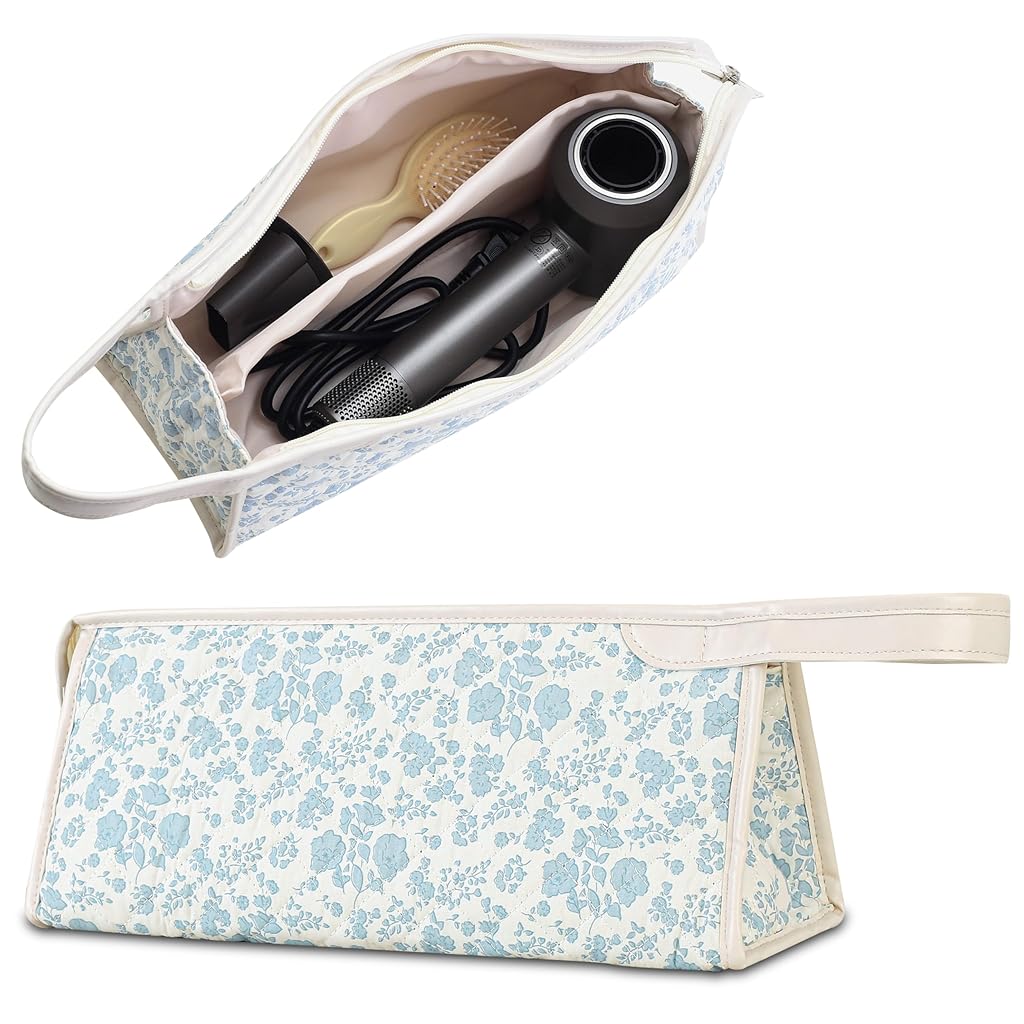 MAYCREATE® Cotton Quilted Hair Dryer Storage Bag, Floral Travel Organizer for Hair Styling Tools with Padded Protection, Zipper Case with Dividers for Dryer, Curling Iron and Accessories, 34×13×14cm