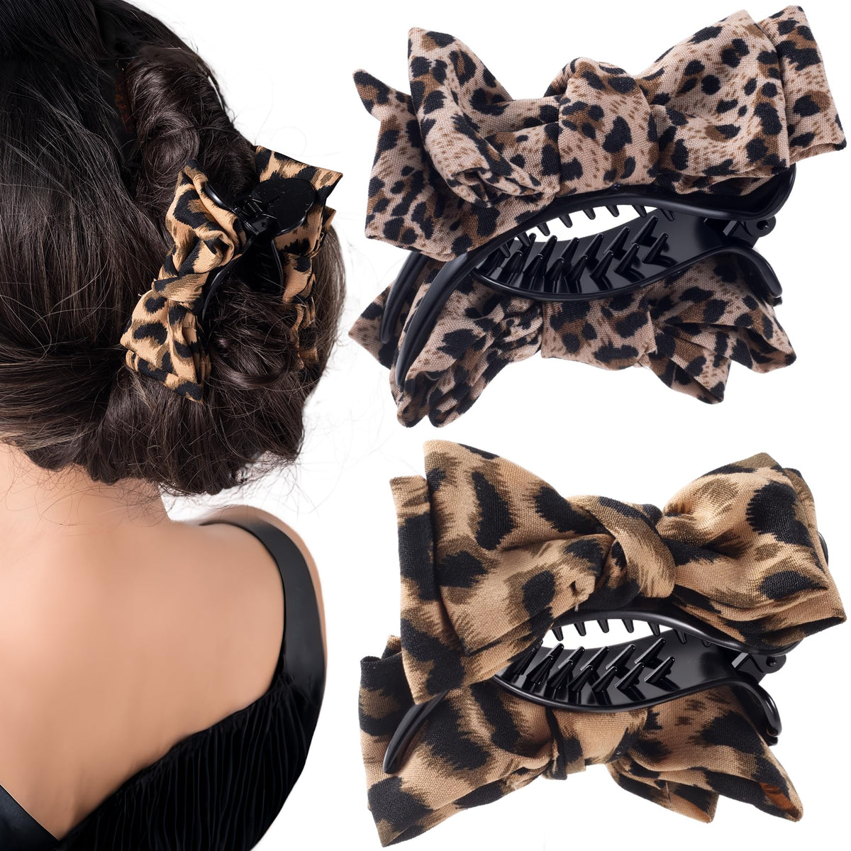 MAYCREATE® 2Pcs Leopard Print Bow Hair Claw Clips Set, Non-Slip Strong Hold Hair Claws with Fabric Bow, Stylish Hair Accessories for Thick Thin Curly Hair, Cute Hair Clips for Women Daily Wear