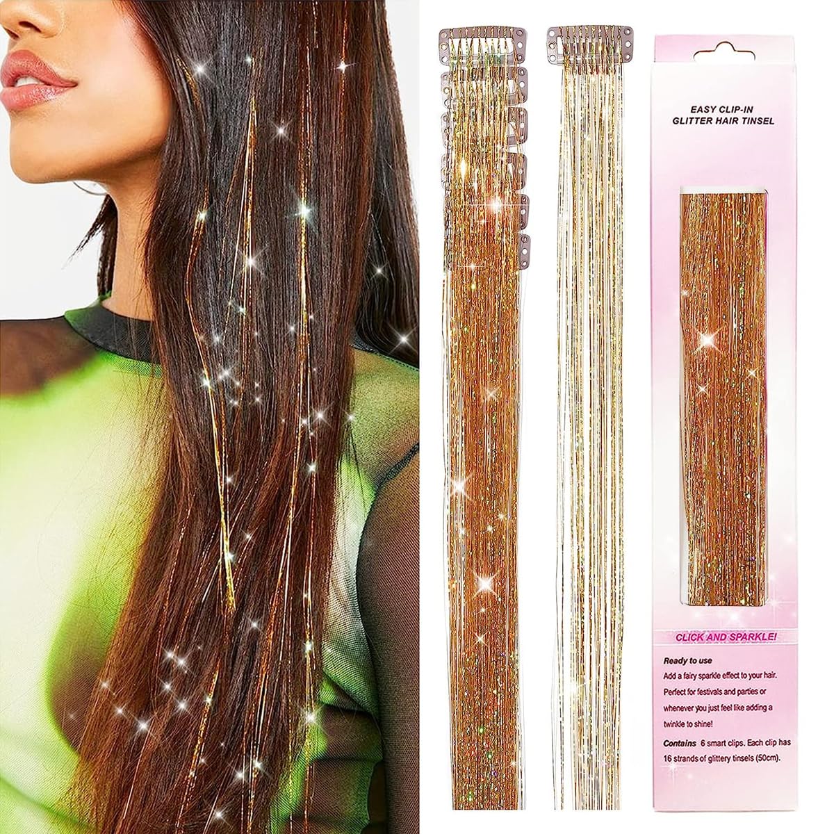 MAYCREATE Hair Tinsel Extensions for Parties and Festivals with Clip-On Design 6pcs 20inch Silver