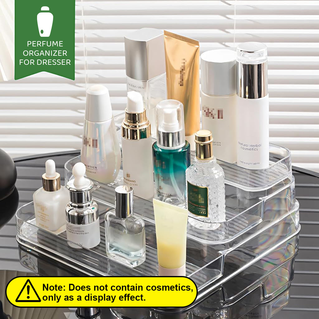 MAYCREATE® Perfume Display, 3 Tier Clear Acrylic Riser Shelf for Perfume with Fences, Cupcake, Gemstones, Curio, Anime Figurines, Skin Care Products for Organization and Decor