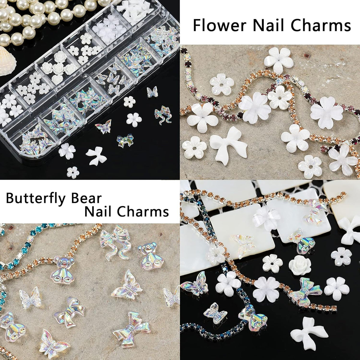 MAYCREATE 3D Nail Charms Crystal Nail Gems for Nail Art, Crystal Bow Nail Art Gems Flat Nail Jewels Decorations Aurora Flowers Chains Nail Stuff for Nail Art Decoration Design DIY Crafting