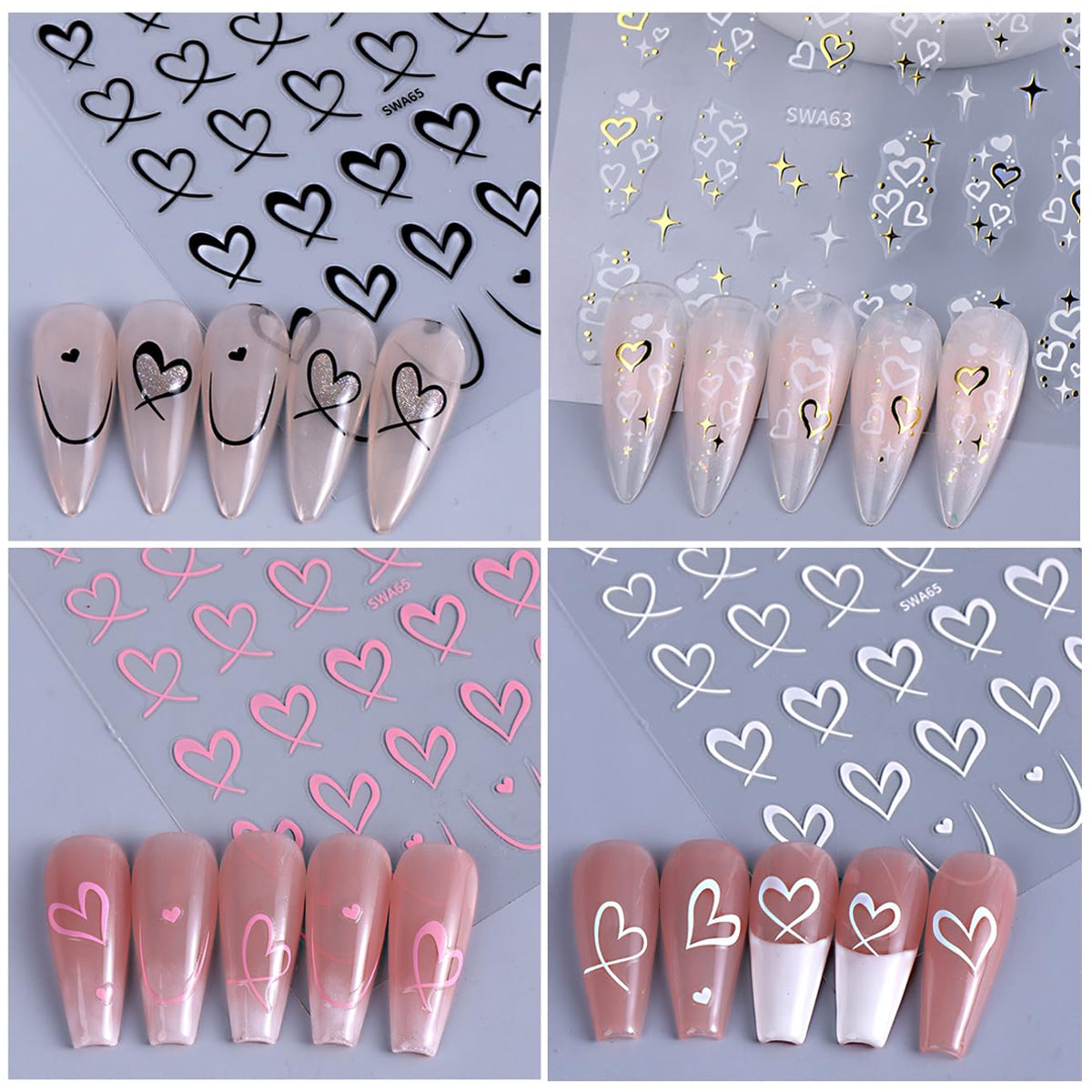 MAYCREATE 8 Sheet Color Nail Decals Decorative Nail Art Decals Sweetly Stylish Heart Charm Nail Decals Self-adhesive 3D Multi ColorNail Decals for DIY Nail Extension, Craft Art