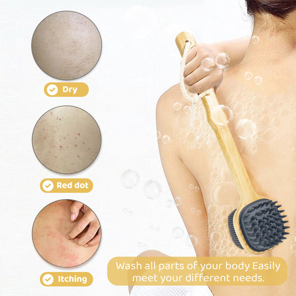 MAYCREATE Bath Brush 12.8 Inches Double Sided Silicone Body Massager Brush Back Scrubber Brush Wooden Handle Body Exfoliation Bathing Brush