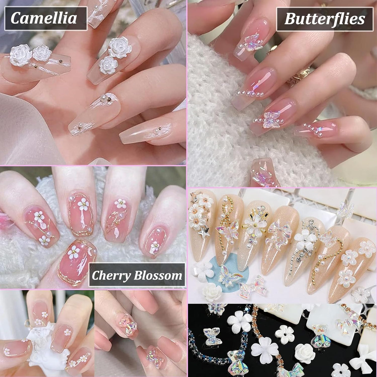 MAYCREATE 3D Nail Charms Crystal Nail Gems for Nail Art, Crystal Bow Nail Art Gems Flat Nail Jewels Decorations Aurora Flowers Chains Nail Stuff for Nail Art Decoration Design DIY Crafting