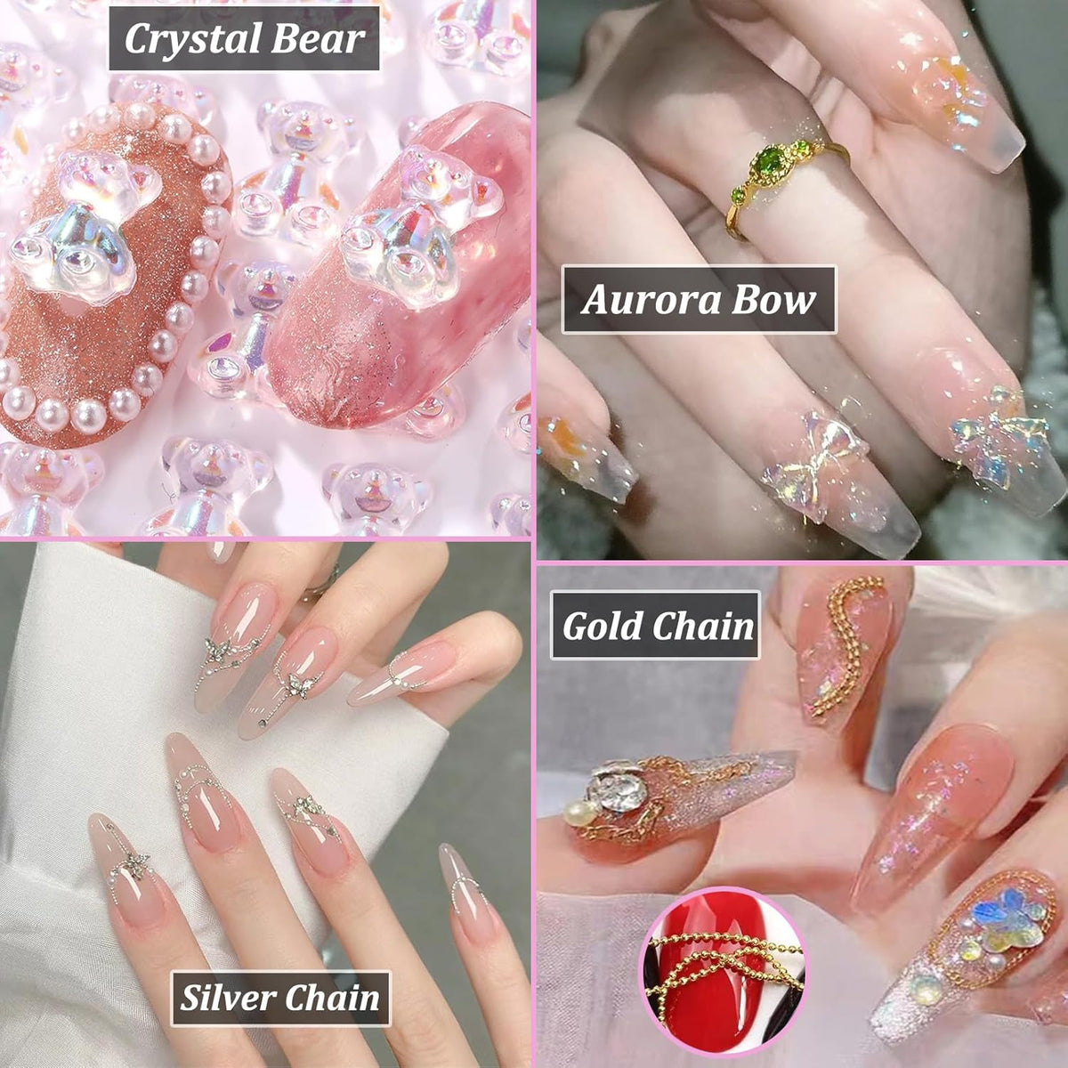 MAYCREATE 3D Nail Charms Crystal Nail Gems for Nail Art, Crystal Bow Nail Art Gems Flat Nail Jewels Decorations Aurora Flowers Chains Nail Stuff for Nail Art Decoration Design DIY Crafting