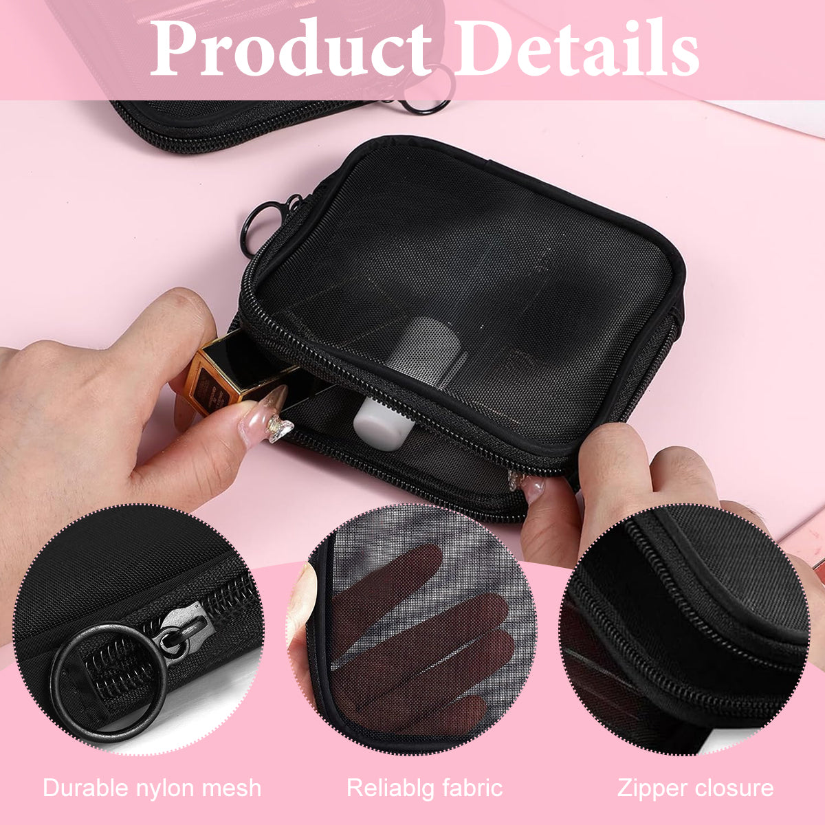 MAYCREATE 4Pcs Small Pouches, MAYCREATE Pouch Purse, Mesh Makeup Women Pouches, 4.7'' Square Lipstick Pouches Small for Women, Zipper Cosmetic Cash Pouch Accessories Organizer Bag (Black)