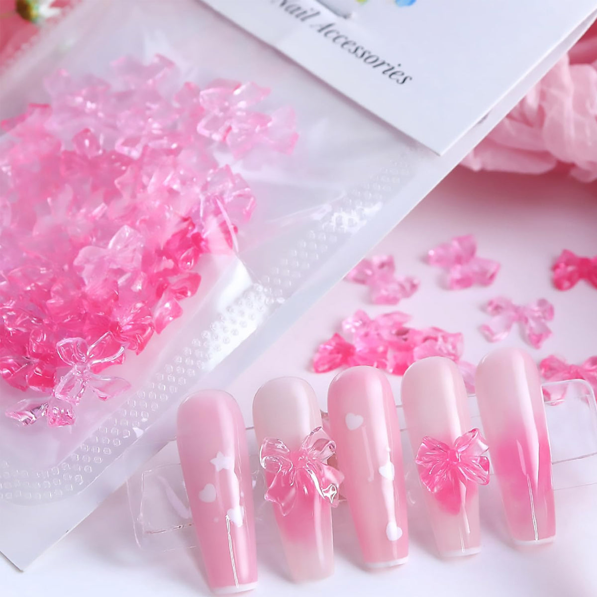 MAYCREATE 50pcs Pink Bow Nail Decals 2 Styles Flat Back Resin Bow Charms for Nail Decals Nail Art Supplies Cute Dainty Decorative Decals for DIY Nail Extension