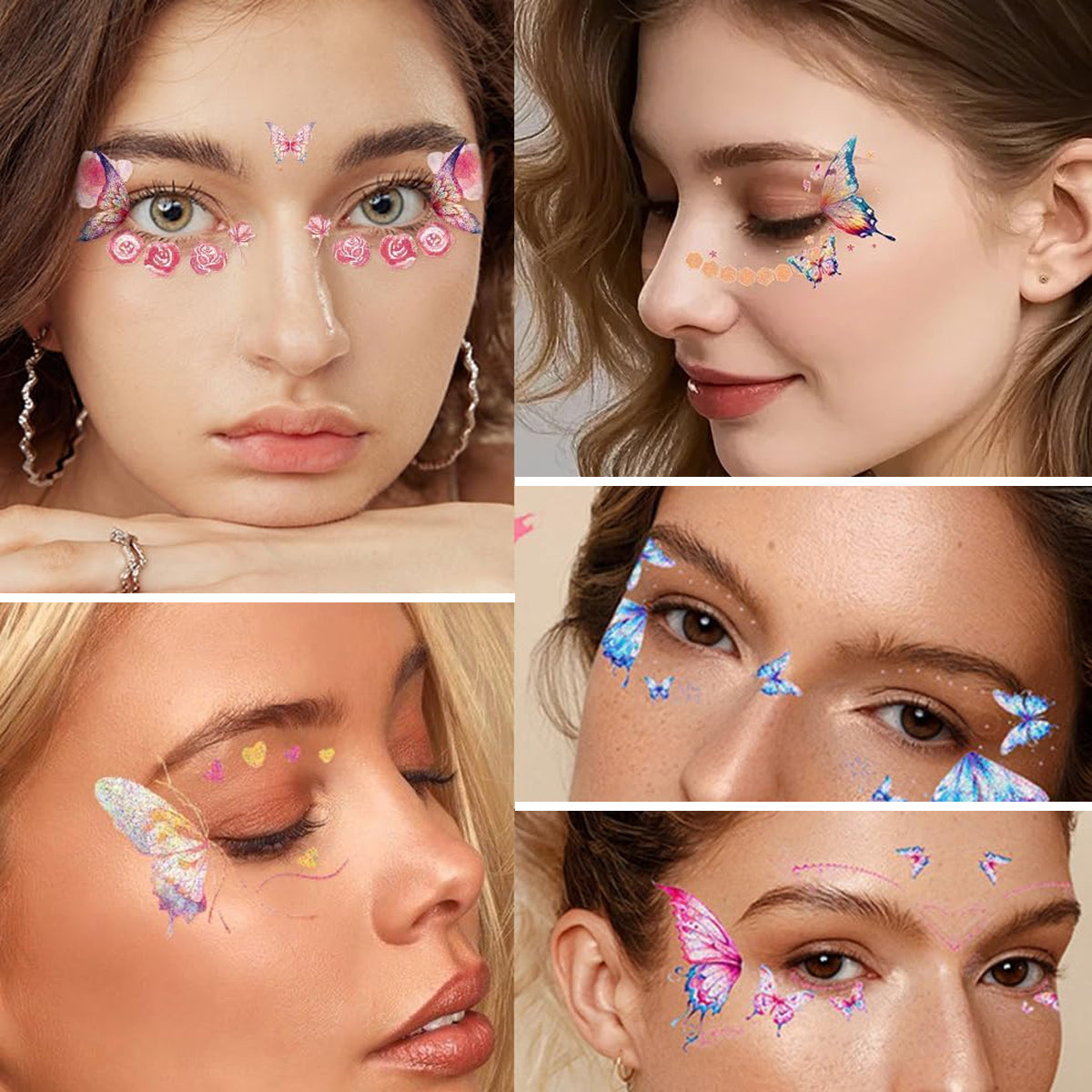 MAYCREATE 10 Sheets Butterfly Tattoo Sticker Colorful Glittering Butterfly Face Temporary Tattoos for Women Girls Waterproof Mehendi Tattoo Sticker for Eyes, Face, Hands, Body, Make Up
