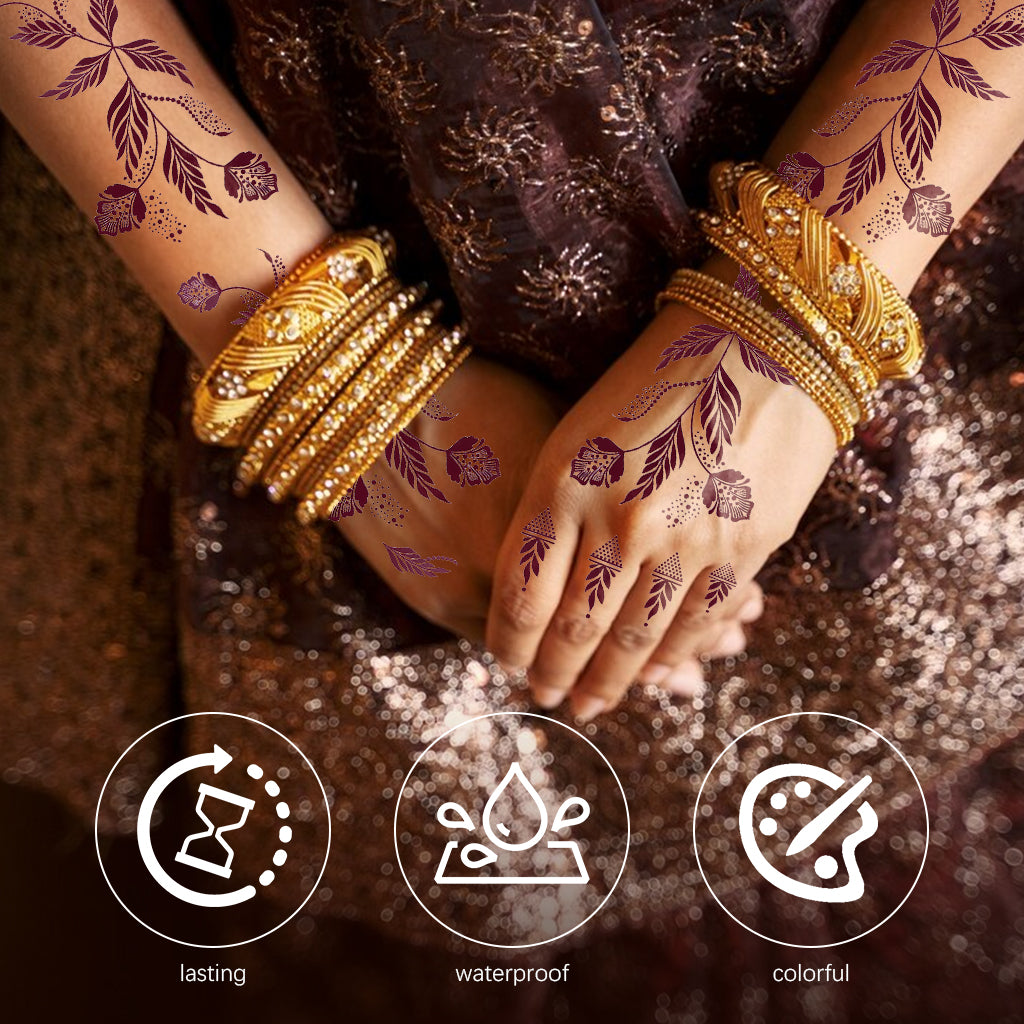 MAYCREATE 6 Sheet Henna Tattoo Stickers Assorted Floral Henna Patterns Tattoo Stickers Waterproof Henna Tattoo Stickers for Arm, Hands, Feet Temporary Henna Tattoos Stickers