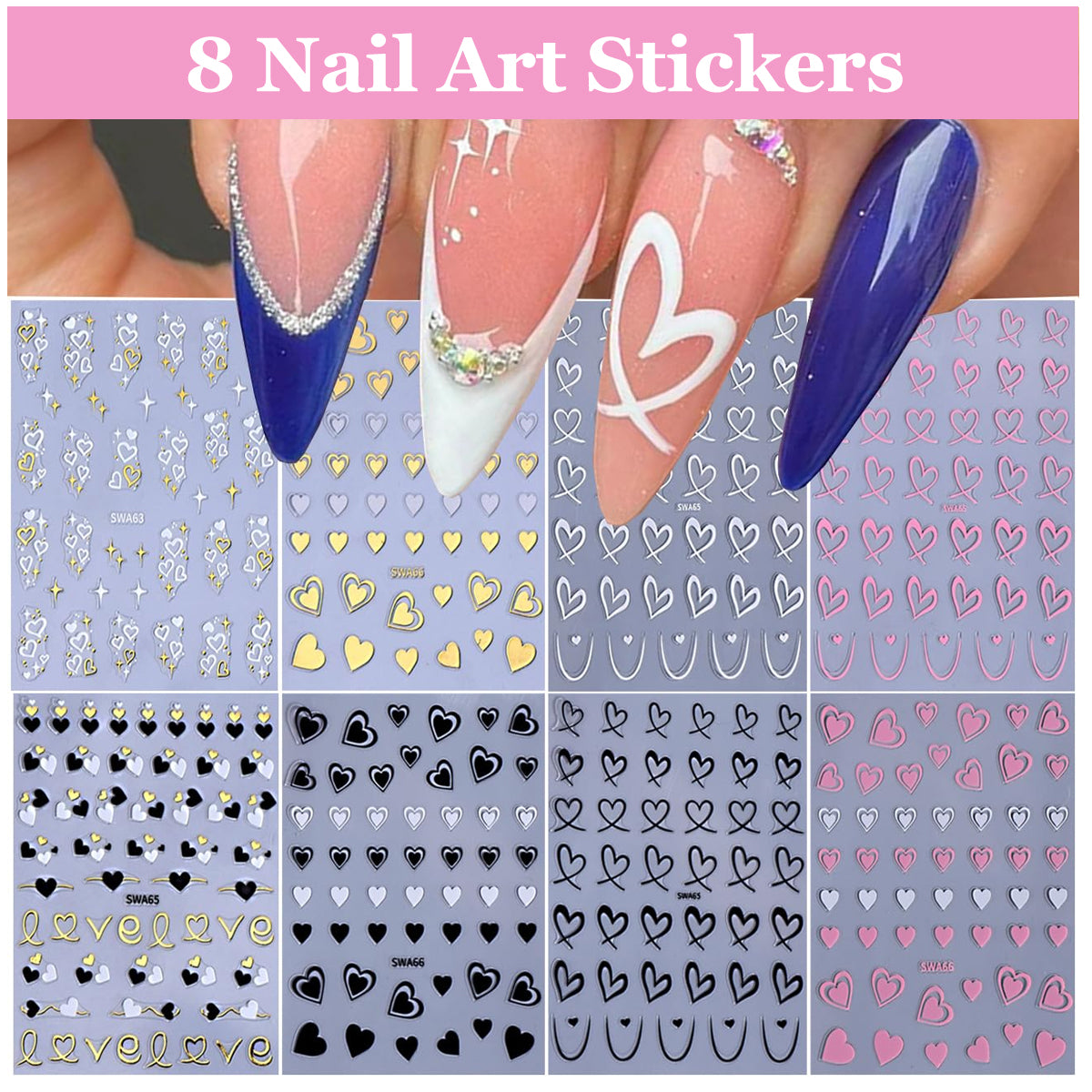 MAYCREATE 8 Sheet Color Nail Decals Decorative Nail Art Decals Sweetly Stylish Heart Charm Nail Decals Self-adhesive 3D Multi ColorNail Decals for DIY Nail Extension, Craft Art