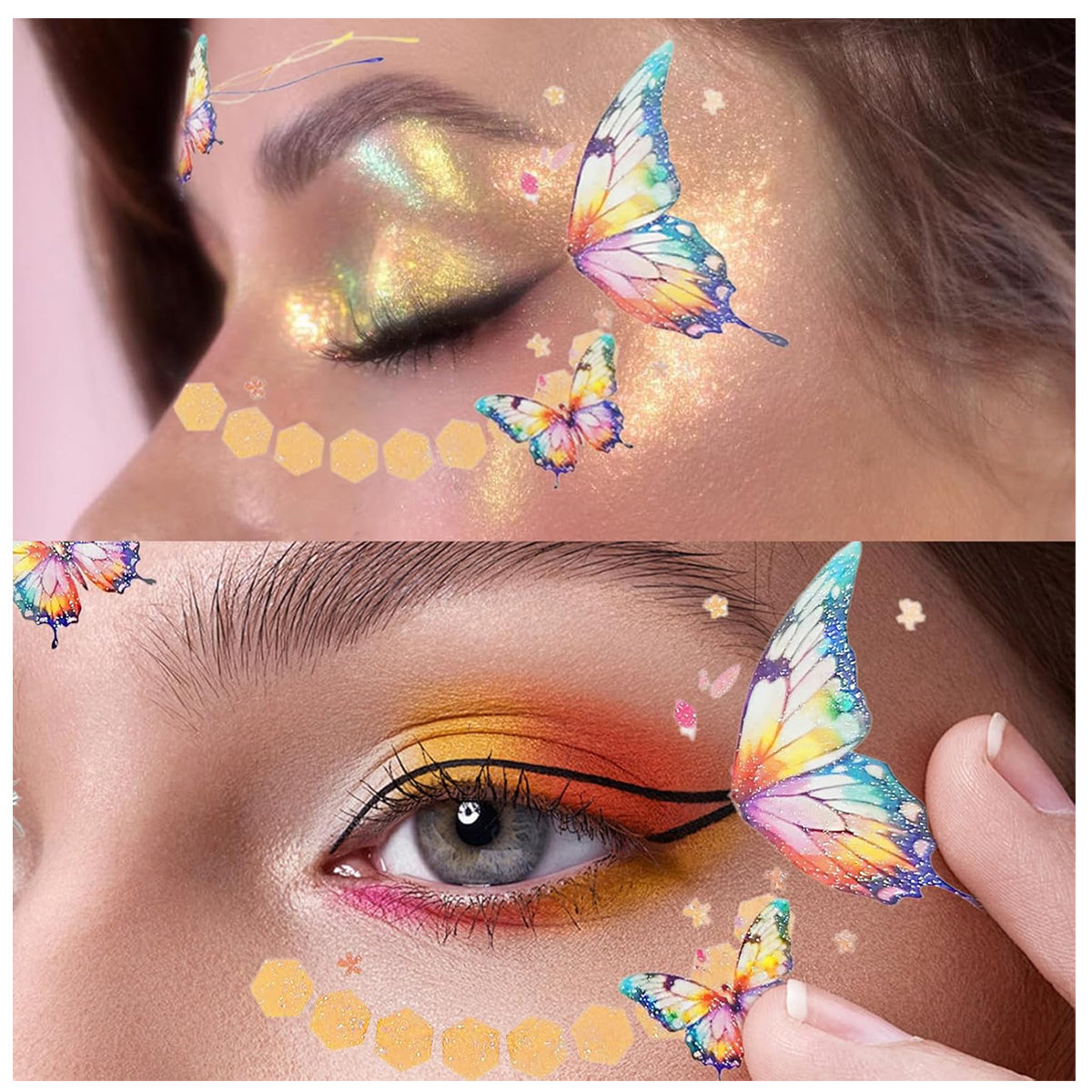 MAYCREATE 10 Sheets Butterfly Tattoo Sticker Colorful Glittering Butterfly Face Temporary Tattoos for Women Girls Waterproof Mehendi Tattoo Sticker for Eyes, Face, Hands, Body, Make Up