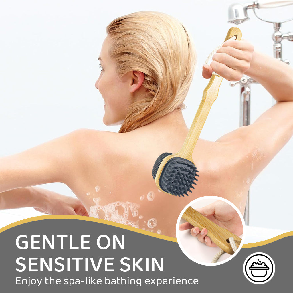 MAYCREATE Bath Brush 12.8 Inches Double Sided Silicone Body Massager Brush Back Scrubber Brush Wooden Handle Body Exfoliation Bathing Brush